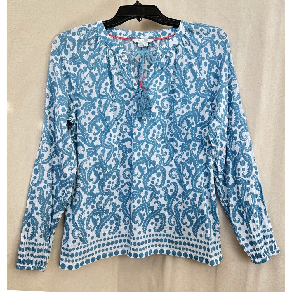 Boden Blue Paisley Gauzy Tunic Blouse‎ Women US 4 Tassel Coastal Boho Peasant